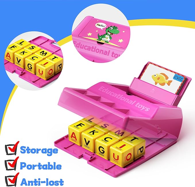 Montessori Matching Letter Game for Kids Ages 3-8 | Educational Learning Spelling Toys with Storage Function | Christmas Birthday Gifts for 3 4 5 6 Year Old Boys & Girls | Larger Pink (50% Bigger)