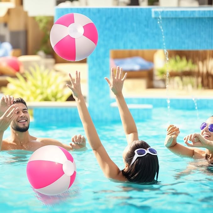 AMOR PRESENT 12PCS Beach Balls Bulk, 8.5" Pink and White Inflatable Blow Up Pool Balls, for Kids Swimming Pool Beach Party