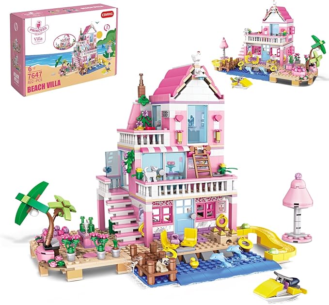 Pink Seaside Beach Villa Friends Building Set Friends Construction Educational Toy 822 Pieces Gifts for Girls Teens Kids Adults Ages 6+