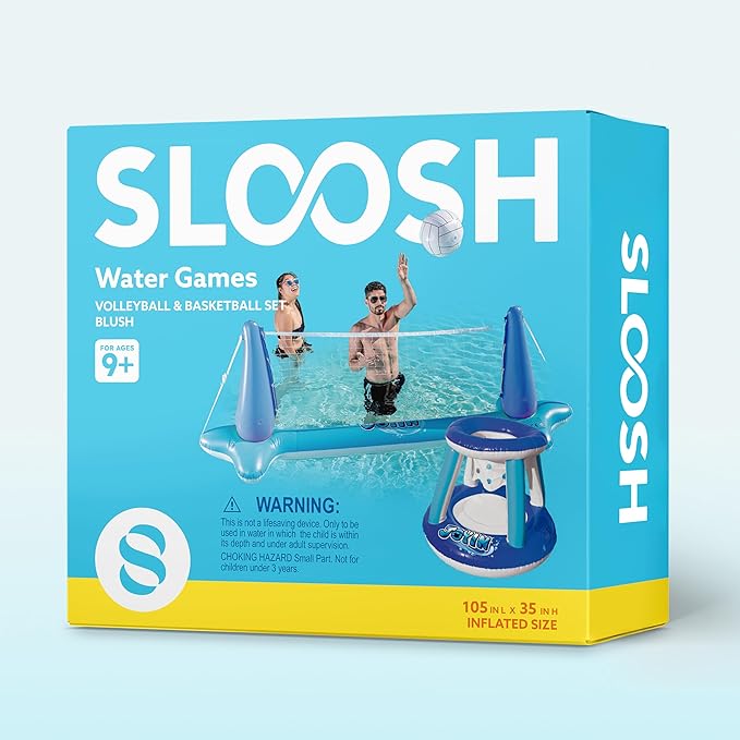 JOYIN Inflatable Volleyball Net & Basketball Hoops Pool Float Set; Balls Included for Kids/Adults, Summing Pool Game, Floating, Summer Floaties, Volleyball Court |Basketball,L-Dark Blue