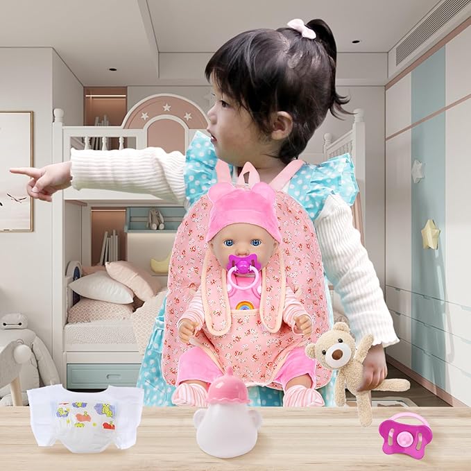 Baby Doll Clothes with Backpack Carrier for 14-18 Inch Doll,Reborn Baby Dolls Accessories Set with Bottles Pacifiers for Toddlers and Kids 2 3 4 5 Year Old（Dolls not Included）