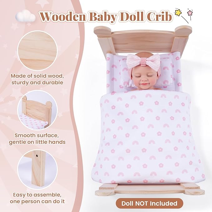 BABESIDE 3 Pcs Baby Doll Crib with Bedding Set for 12-16 Inch Babydolls, Wooden Dolls Furniture Doll Bed with Pillow and Blanket for Realistic Baby Doll Accessories (Doll Not Included)