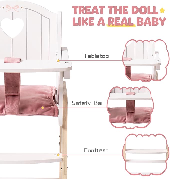 ROBUD Play High Chair, Pretend Play High Chair with Cushion, Movable Table, Wooden Baby Doll Accessories, Fits 18-20 Inch Dolls, White