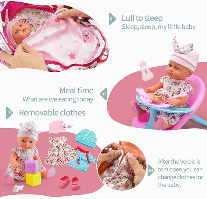 Baby Doll Stroller Toys Set W/ 13'' Baby Doll, Doll's Bed, Dining Chair, 26 PCS Doll Accessories & 2 Set Clothes, Baby Stroller Toys for 3 4 5 Year Old Girl Birthday Gift, Pretend Playset for Toddler