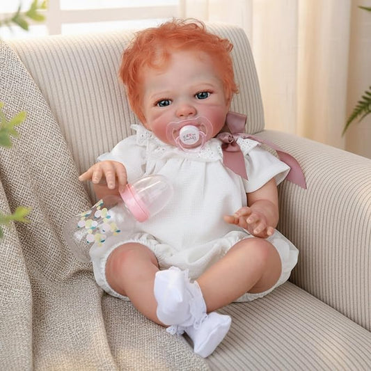 WOOROY Realistic Reborn Baby Dolls Girl- 20 Inch Lifelike Newborn Dolls with Red Hair and Open Eyes, Weighted Cloth Body Real Life Baby Doll with Accessories and Gift Box for Kids 3+