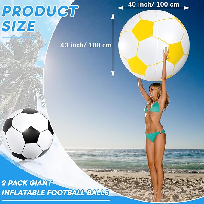 Lewtemi 2 Pcs 40 Inch Giant Inflatable Soccer Ball Large Huge Beach Balloons Oversized Football Sport Birthday Party Decoration Favor Gift Pool Supplies for Outdoor Piñata Activity