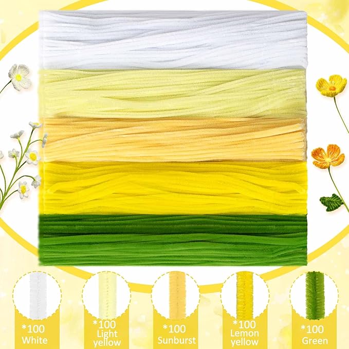 Peryiter 500 Pieces Pipe Cleaners Chenille Stems for Flowers Craft Supplies Bulk Fluffy Fuzzy Sticks for DIY Art Projects Creative Gift Wrapping Party Decorations (Yellow Flower,12 Inch)