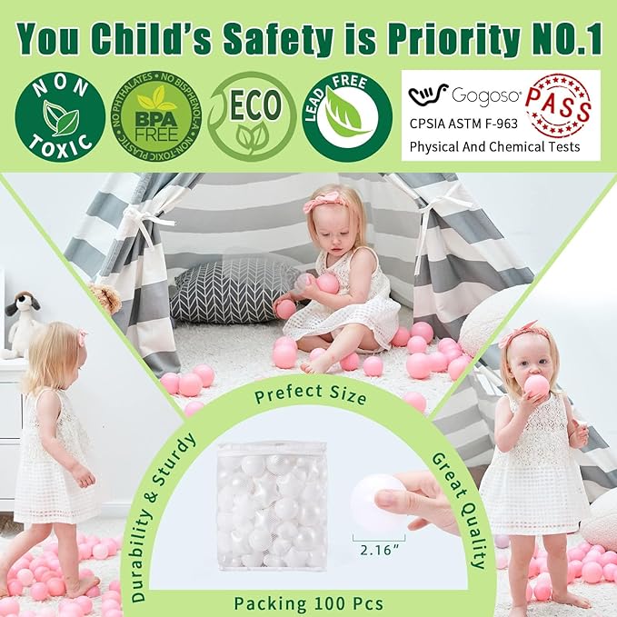 GOGOSO Ball Pit Balls for Toddler, Baby Plastic Playballs Kids Soft Pastel Pelotas Non-Toxic BPA-Free, Pearl White+White Star Balls,100 Balls