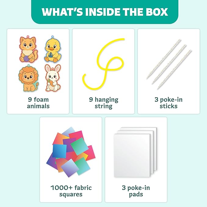 Poke-In Craft Animals Kit for Kids Ages 4-9 – Mess-Free Poke It Art Set with 9 Foam Animals & 1000+ Fabric Squares for Girls, Boys & Toddlers –Chidrens Punch Craft & Tufting Kit for 4 Year Old+