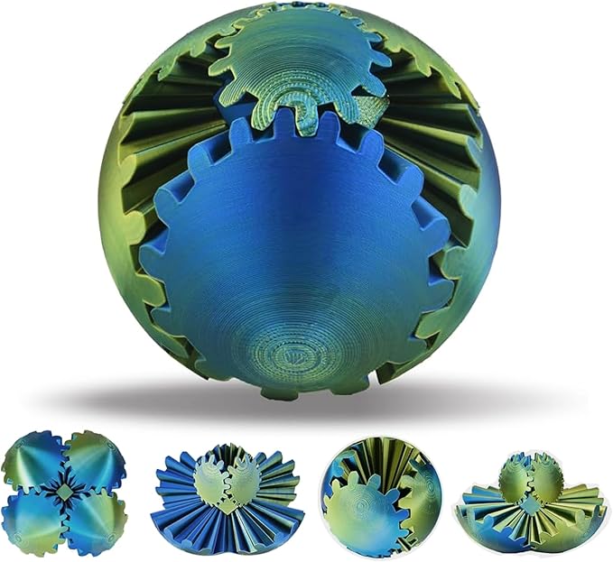 Gear Sphere, 3D Printed Gearsphere - The Steampunk Whirling Wonder Fidget Gear Ball, Gearsphere Cube Fidget Toy for Office and Home, Stress Relief Cool Stuff Toys Gift for 3+ Kids Adult (Gold Blue)