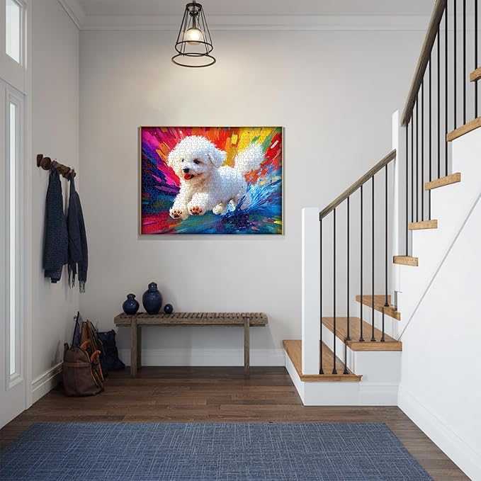 Dog Jigsaw Puzzles 1000 Pieces, Larkipuzz Cute Puppy Puzzles for Adults Bichon Frize, Impossible Gradient Colorful Rainbow Art Theme as Wall Decor