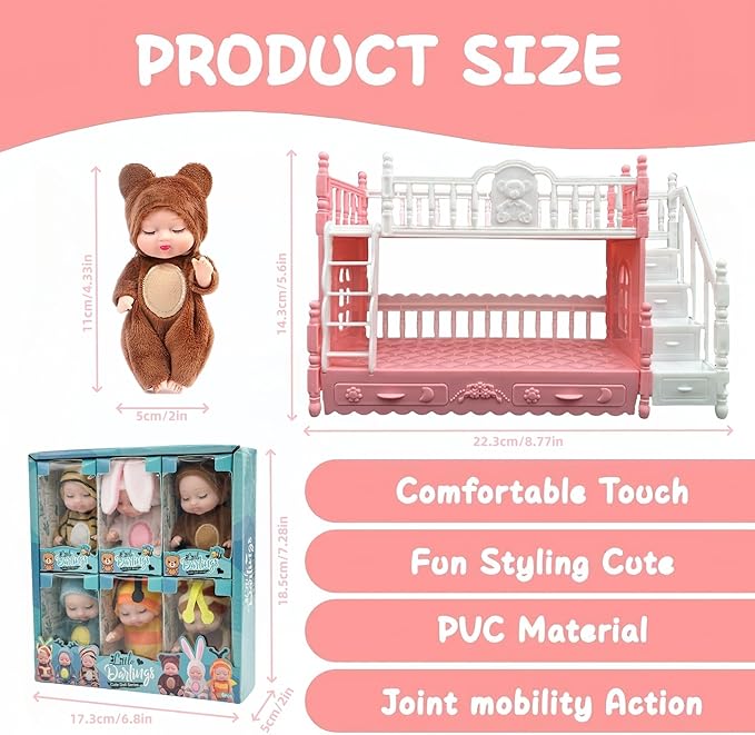 SwankyStyle 6 Pcs Mini Baby Dolls 4 Inch Gift Set, Cute Small Baby Doll Toys with Animal Clothes for Christmas Stockings, or Dollhouse Collections. (Style D)