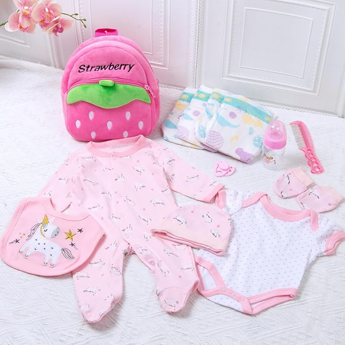 13Pcs Reborn Baby Doll Clothes 17-22 Inch Realistic Girl Doll Outfits Pink Babydoll Clothes with Backpack Fedding Baby Doll Accessories Set Pretend Playset Stuffs