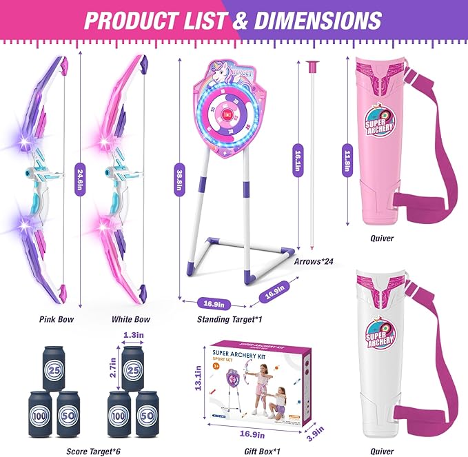 2 Pack Bow and Arrow for Kids, LED Light Up Unicorn Archery Set with 24 Suction Cup Arrows, 1 Standing Glow Target, 6 Score Targets & 2 Quivers, Indoor Outdoor Sport Toys for Girls Ages 4-12