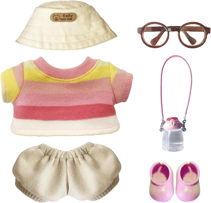 Clothes for 6.7in/17cm Dolls (Without Dolls) Sets and Accessories,6PCS (Hat + Glasses + t-Shirt + Pants + Water Bottle + Shoes), Collectors and As Gifts. (Pink and Yellow Duplex)
