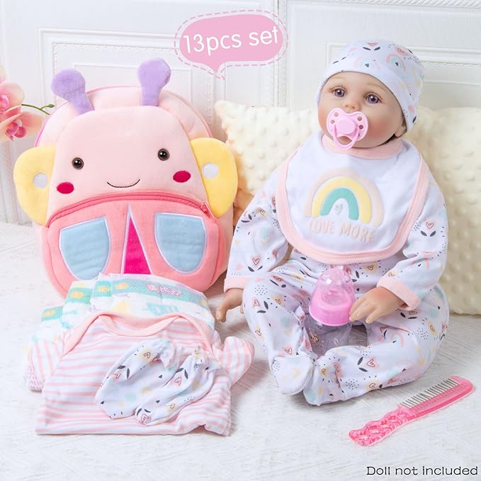 13 Pcs Reborn Baby Dolls Clothes Girl Rainbow and Flowers Outfit Accessories for 17-22 Inch Newborn Baby Doll Girl with Pink Butterfly Backpack