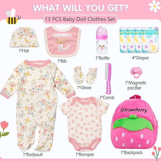 17-22 Inch Reborn Baby Doll Clothes with Backpack Accessories Set 13 Pcs Set, Realistic Baby Doll Outfit Floral Patterns Pink Diapers Bag for Kids