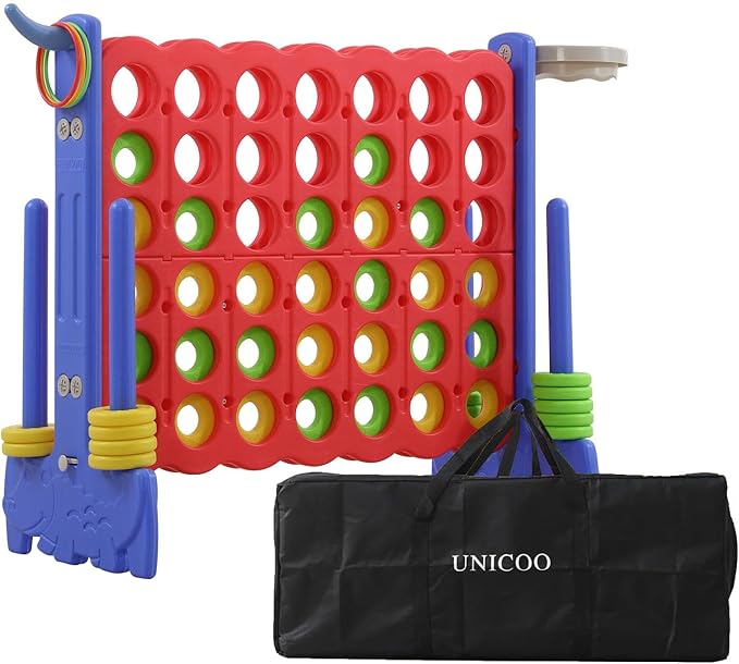 UNICOO Giant 4-in-a-Row Game with Carry Bag, 3-in-1 Jumbo 4-to-Score Outdoor Yard Game with Basketball Hoop, Ring Toss, Quick-Release Slider, 42 Rings, Family Party Game for Kids & Adults