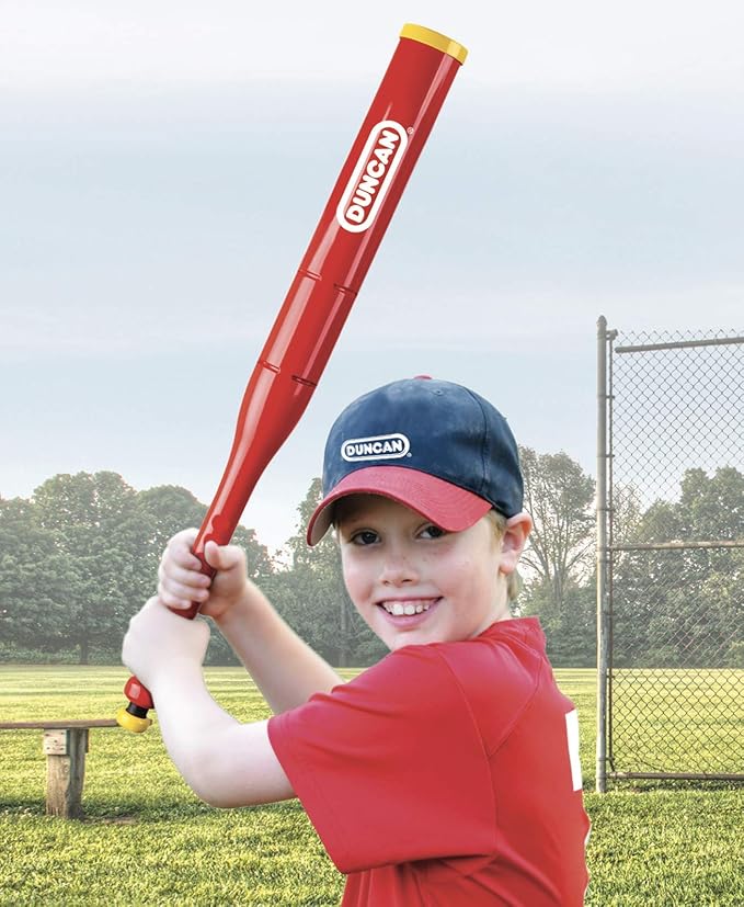 Duncan Toys Pop ‘N Hit Practice Bat – Self-Pitching Ball Launching Training Toy, 28” Plastic Baseball Bat, Red
