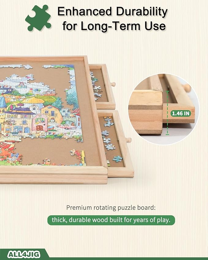 ALL4JIG 1500 Pieces Rotating Puzzle Board with 6 Drawers and Cover,25"x34"Portable Wooden Jigsaw Puzzle Table for Adults,Lazy Susan Spinning Puzzle Boards Birthday Gift for mom