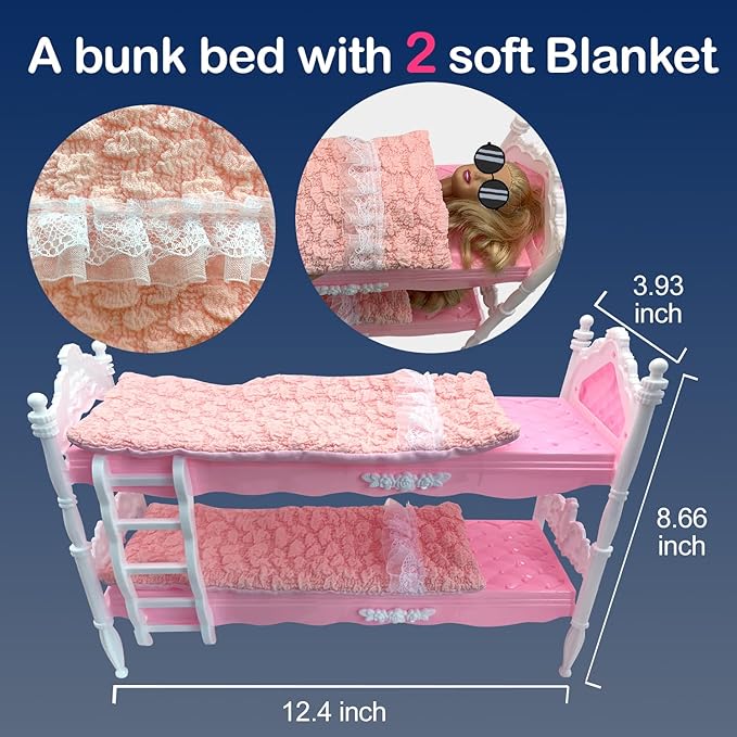 Dolls Clothes and Accessories, Bunk Bed Playset, 2 Pajamas, 2 Fashion Dresses, 2 Clothing Outfits, Bedroome Set for 11.5 inch Dolls, with 2 Blankets