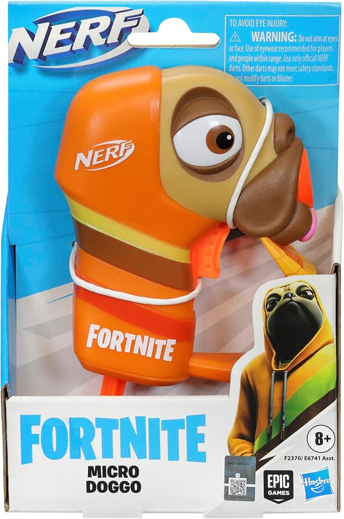 Nerf Fortnite Micro Doggo Mini Dart-Firing Blaster - Fortnite Doggo Outfit Design - Includes 2 Official Nerf Elite Darts