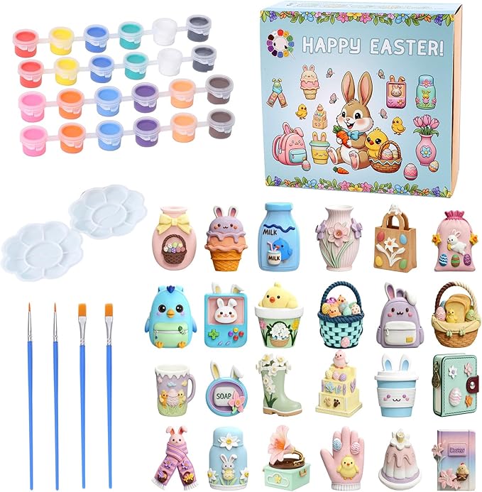 GloomGlo Easter Theme Paint Your Own Plaster Figurines Kit - 24 Pcs Figures with Paints, Brushes & Palettes for Kids Arts Crafts Supplies（24pcs