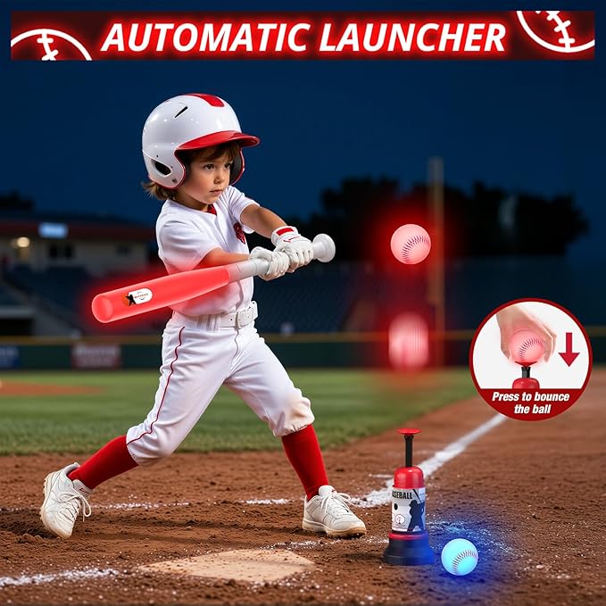 3-in-1 LED T Ball Set for Kids, Adjustable Height, Hanging Tee Ball Set with Baseball Launcher/4 Softballs/Light Up Bat, TBall Stand Sport Toys, Baseball Gifts for Boys Girls Age 3-5