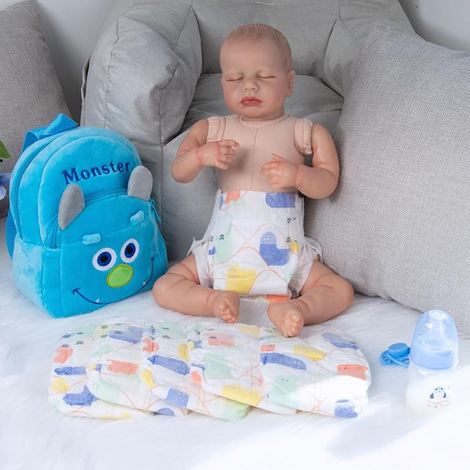 10 Pcs Reborn Baby Doll Diaper Bag Care and Feeding Set for 17-24 inches Reborn Dolls Newborn Baby Accessories with Monster Backpack Diapers Pacifier Bottle Comb