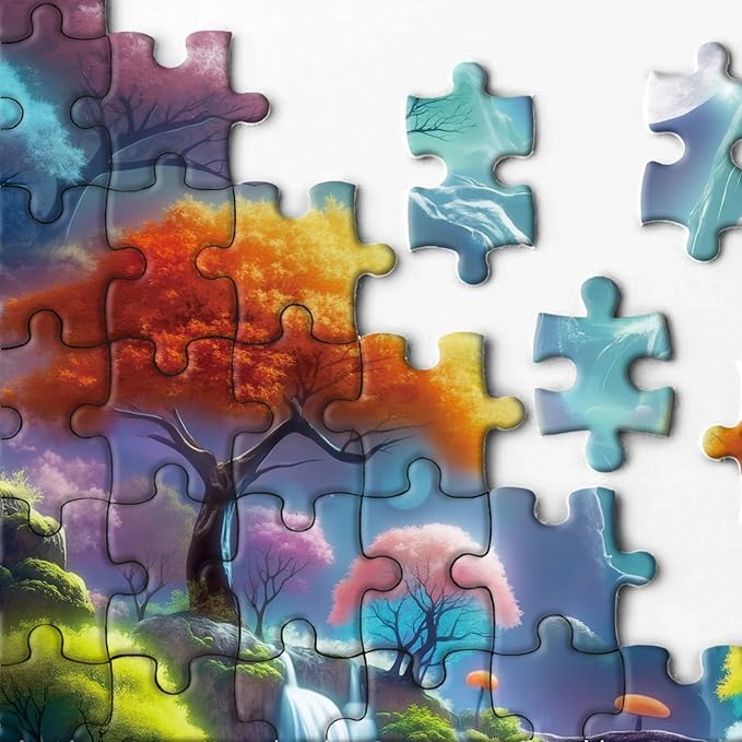 Magic Forest Landscape Puzzles for Adults 1000 Pieces, Nature Waterfall Moon Jigsaw Puzzle, Colorful Tree Scenic Puzzle as Home Decor