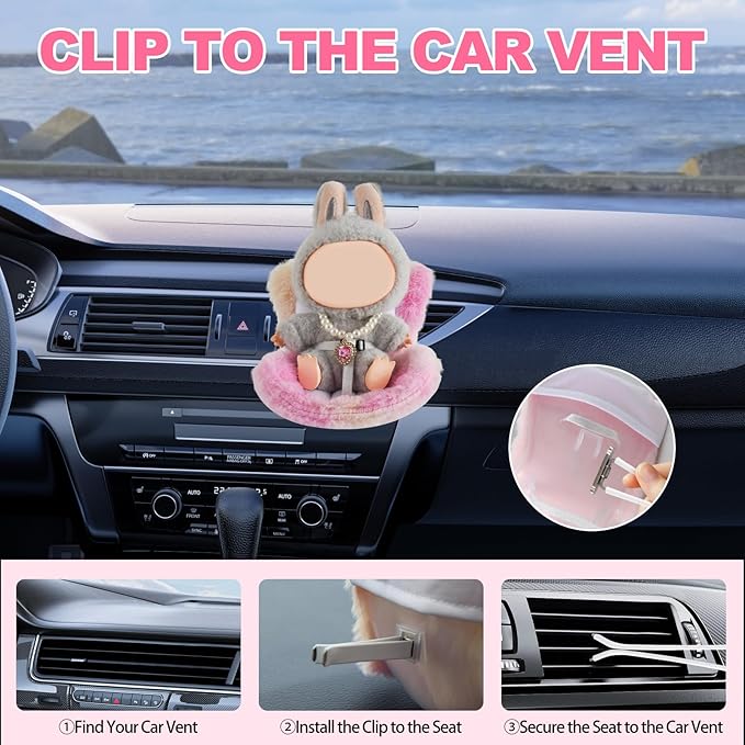 Cute Doll Car Seat for Labubu, Premium Car Seat Accessories for 4-7in Dolls, 360° Rotation, Including Air Vent Clip, Desktop Stand, Adjustable Strap, Airflow-Friendly Design(Colorful Pink)