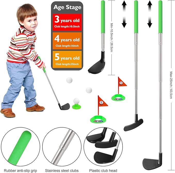 Kids Golf Clubs Set, Retractable Toy Golf Clubs for Toddlers,3 Clubs with Practice Balls, Putting Cups and Flag Poles,Mini Golf Set for Children Age 2 3 4 5 Years Old-Right Hand