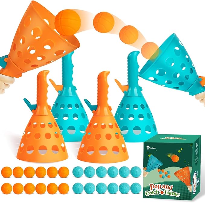 punkdog Pop and Catch Ball Game with 24 Balls and 4 Catch Launcher Baskets - Outdoor Indoor Game Activities, Christmas Easter Gift Beach Sport Summer Beach Toys for Kids Ages 4 5 6 7 8 10 12+