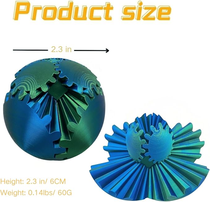 Gear Ball 3D Printed Spin Ball Cube Fidget Toys, Gear Sphere Fidget Toy, GearSphere Desk Toy Stress Fidget Balls, Fidgets Spinners for Adults & Kids Anxiety Relaxing (Laser Green Blue, 2.3 Inch)