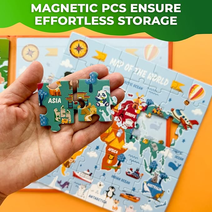 QUOKKA Magnetic Puzzles for Toddlers 3-5 – 2x48 Pieces Travel Games – USA & World Map Learning Magnetic Puzzles for Kids Ages 4-8 – Educational United States Puzzle Gift Toy for Boys and Girls