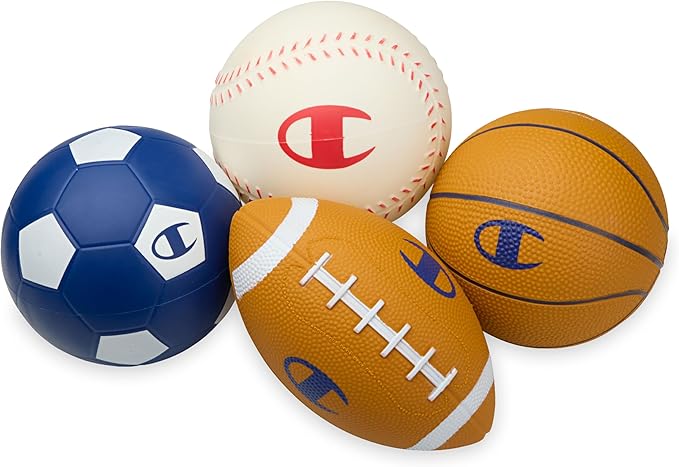 Champion All-Weather Mini Sports Balls (Pack of 4, Red/White/Blue), Rubber & PVC-Cover Soccer, Basketball & Football & Baseball, Durable Construction for Backyard, Playground, School, and Indoor Play