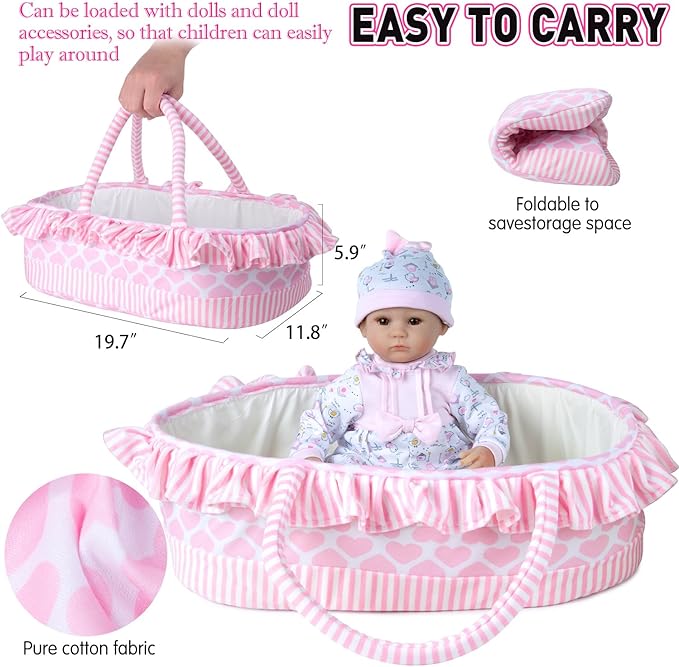 PEDOLLTREE 11 Pcs Reborn Baby Dolls Clothes Girl Pink Chick Outfit Accessories for 16-18 Inch Reborn Doll Newborn Girl with Pink Heart Bassinet