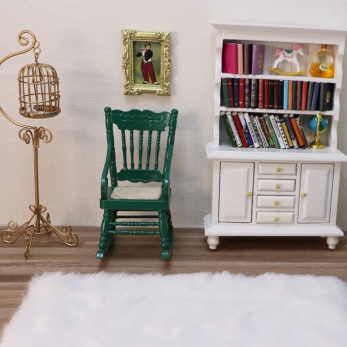 Dollhouse Miniature Rocking Chair 1:12 Scale Wooden Furniture Accessories Tiny Mini House Home Outdoor Decoration Model Living Room Scene Christmas Craft Displays (Green)