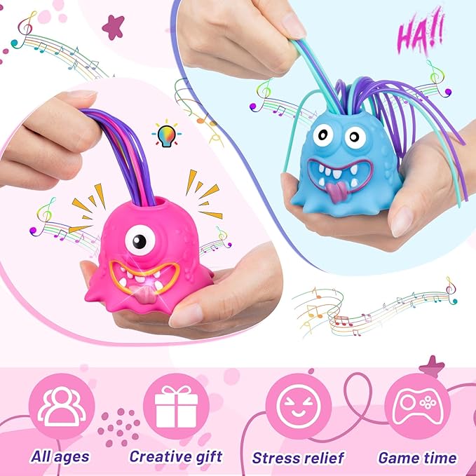 Fidget Toys Hair Pulling Stress Relief Toys with LED Light Differernt Screams Novelty Screaming Monster for Adults Teens Autism (Blue&Pink, 2P)