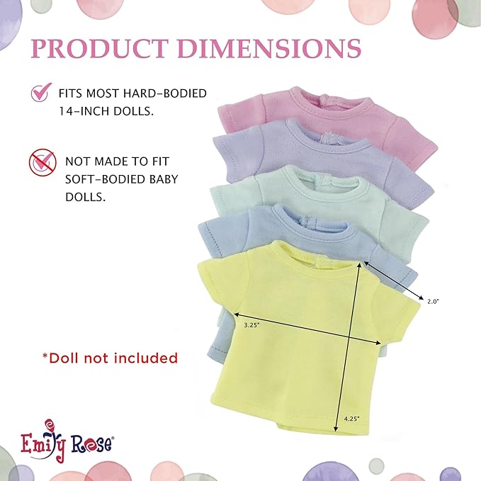 Emily Rose 14.5 Inch Doll Clothes - 5PC Pastel T-Shirts for Crafting & Sublimation | Gift Boxed | Wellie Wishers & Glitter Girls Compatible - USA Brand