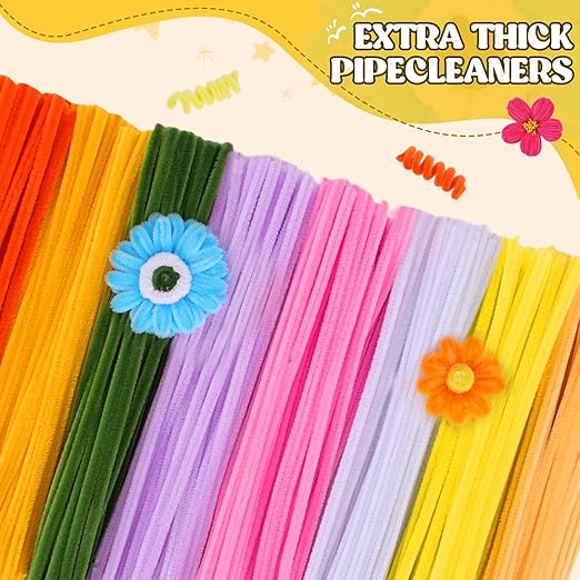 900PCS Pipe Cleaners Flower Kit, Pipe Cleaner Bulk Craft Flower Making Kit with Instruction, 8 Colors Thick Chenille Stems for Arts DIY Craft Supplies with Greeting Card, Floral Wires, Tape, Stamen