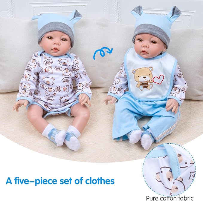 13Pcs Baby Doll Accessories Set, Reborn Baby Doll Clothes 17-22 Inch Boy Blue Outfits with Backpack + Diapers + Feeding Bottle, Babies Pretend Play Set