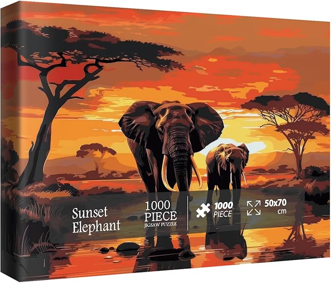 Sunset Elephant Puzzles for Adults 1000 Pieces, Nature Wildlife Scenic Jigsaw Puzzles, African Animal Art Puzzles