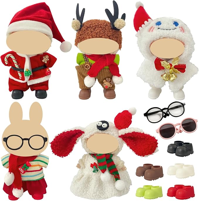 Ezcora 5 Pack Christmas Doll Clothes Set for 17cm Doll – Santa, Reindeer, Snowman Costumes with Shoes, Scarves & Glasses Accessories, (No Dolls) (Christmas Outfit)