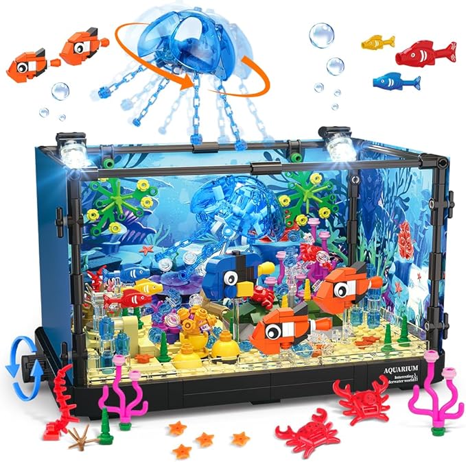 HOGOKIDS Fish Tank Building Set with LED Light - Movable Aquarium Building Toys for Adults Kids | 725PCS Creative Aquarium Toy with Jellyfish, Fish Animal Educational Gift for Boys Girls Age 8-14