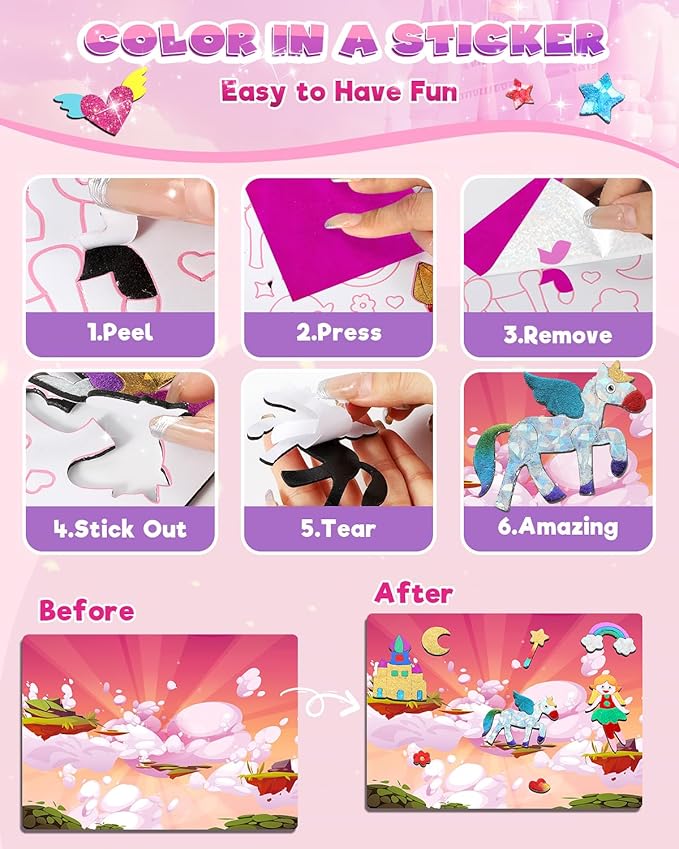 Baobrava Foil Art Fun Kit for Kids, Craft Kits Supplies, No Mess Princess DIY Creative Activity, Travel Toys, Party Favors, Easter Gifts for Girls Ages 4, 5, 6, 7, 8, 9