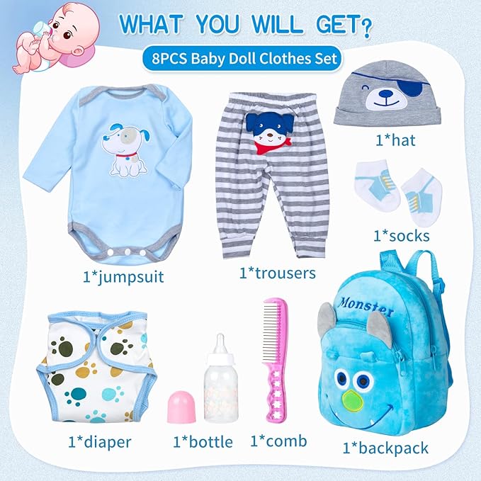 PEDOLLTREE 8 Pcs Reborn Baby Boy Doll Clothes Accessories Blue Puppy Set with Backpack Diaper for 17-22 Inch Reborn Doll Newborn Baby Boy