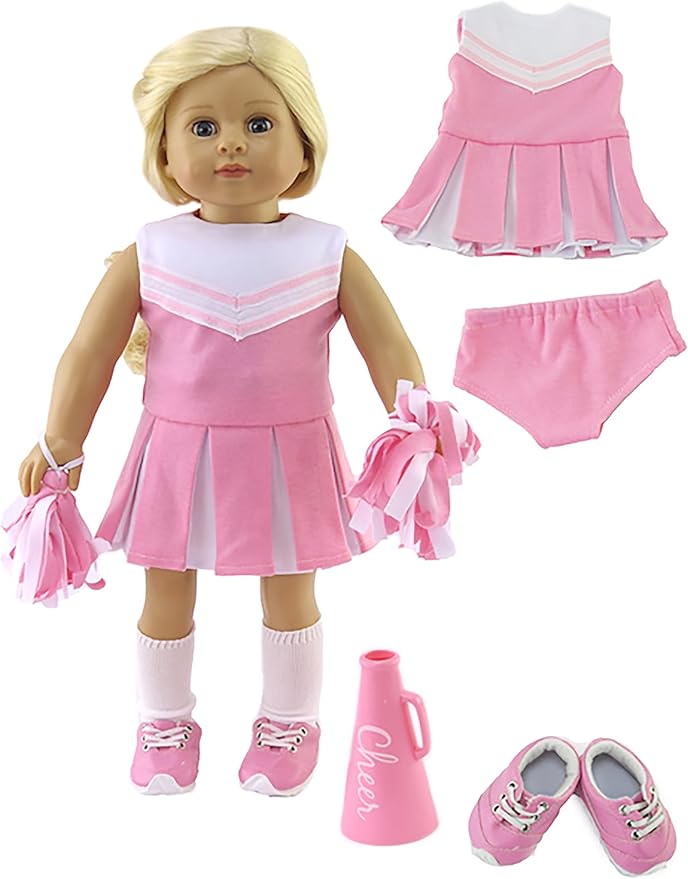 Pink Cheerleader Uniform with Shoes and Accessories 6PCS Outfit for 18-Inch Dolls | Premium Quality & Trendy Design | Dolls Clothes | Outfit Fashions for Dolls for Popular Brands