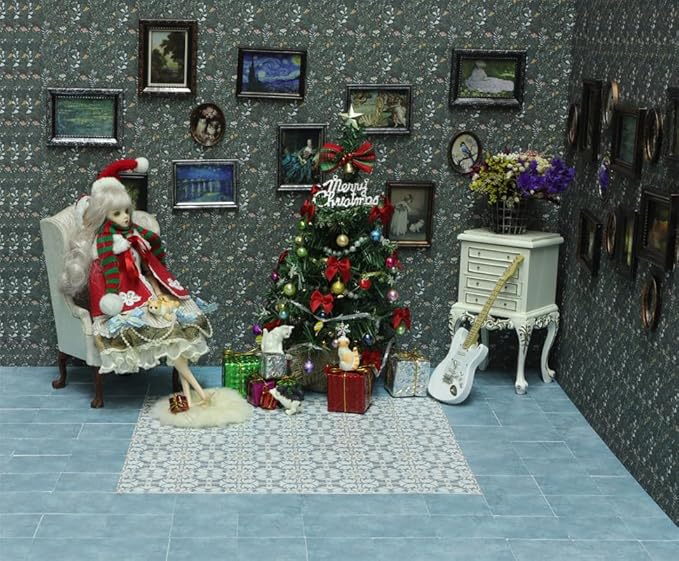 iLAND Dollhouse Flooring on 1/12 Scale 1/6 Scale, Miniature Dollhouse Accessories, 60pcs Double-Sided Dollhouse Floor Tiles (Luxury Rococo Floral & Blue Marble Tiles)