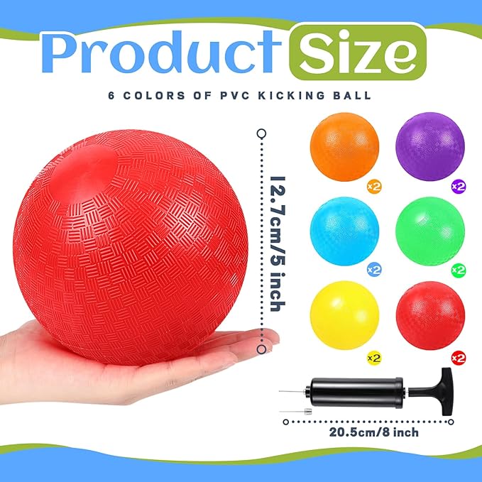 Hiboom Playground Balls 5 Inch Dodgeball Playground Balls Kick Outdoor Inflatable with 1 Pcs Hand Pump for Adults Yoga Exercise Gym Schoolyard(Multi Color,12 Pcs)